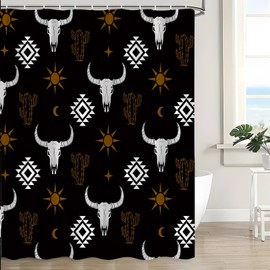 Western Aztec Bull Skull Shower Curtain Boho Farmhouse Abstract Geometric Vintage Longhorn Cow Native Tribal Ethnic Southwest Cactus Black Brown Bathroom Curtain Set with Hooks
