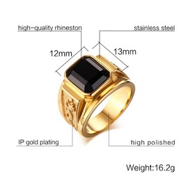HUANIAN Stainless Steel Gold Plated Black Rhinestone Crystal Ring for Men Women Engagement Wedding Band,Gold,Size 9