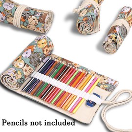 DIYOMR 24/36/72 Slots Pencil Wrap - Roll Up Bag for Artist Colored Pencils, Short Brushes, Drawing & Sketching, NO PENCILS (Cuddly Cat, 24slots)
