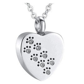 Heart Necklace Paw Prints Diamante Rhinestone Stud Gift for Loved One Pet Keepsake Treasure Pet Dog Necklace Stainless Steel Jewellery (Necklace Only, Stainless Steel)