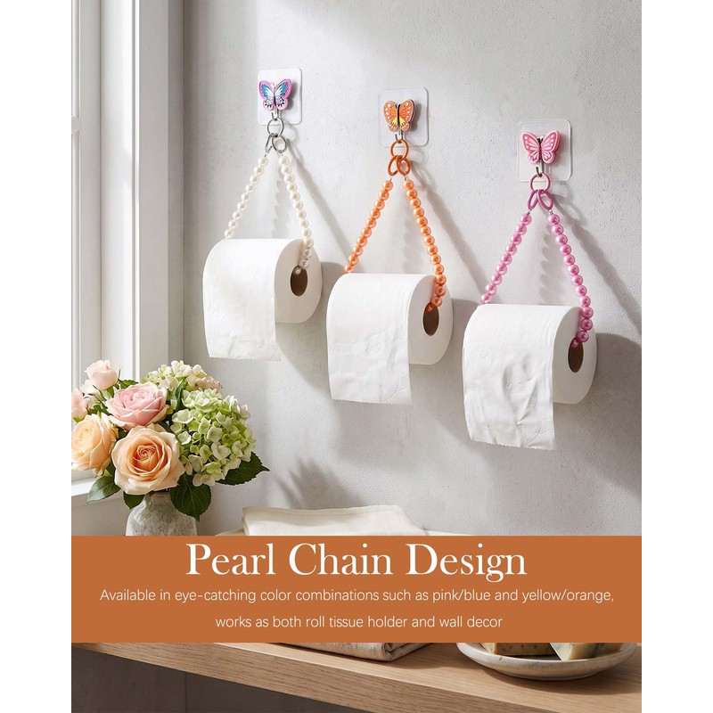 2 Set Beaded Tissue Roll Holder with Butterfly Wall Hook,Pink