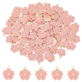 DICOSMETIC Pack of 100 Enamel Sakuras Flowers Charm Pink Flowers Charm Golden Cherry Blossom Charm Flatback Sakuras Charm Alloy Enamel Pendant for DIY Jewellery Making, Metal