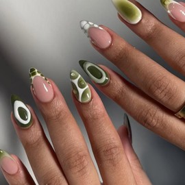 3D Press on Nails Medium Almond French Tip Fake Nails Green&White False Nails with Curve Line Designs Glossy Gel Glue on Nails Full Cover Acrylic Nails for Women Girls 24Pcs