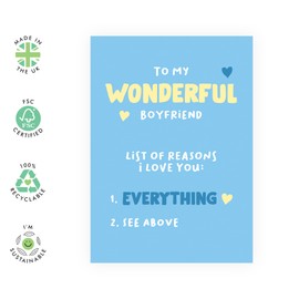 Blue Love Card for Him - 'Wonderful Boyfriend List Why' - Gifts for Babe, Hun, Other Half, Darling, Mr - Valentines Day Present for Men- Comes with Fun Stickers