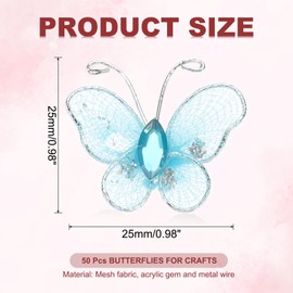 PATIKIL 50Pcs Butterflies for Crafts, 1" Mesh Wire Glitter Butterfly Organza Butterflies for DIY Craft Home Decor Clothing Wedding Decoration, Light Blue