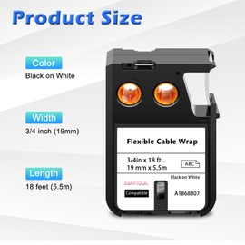 Esaytool 2 X Compatible with Dymo Rhino XTL Flexible Cable Wrap Label Tape 1868807 A1868807 Black on White 19mm 3/4 inch x 18 Feet Replacement for Rhino XTL-300 XTL-500 Label Maker