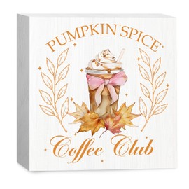 FUGWN Fall Pink Coquette Wooden Box Sign, Pink Fall Pumpkin Spice Shelf Desk Decor, Girly Fall Coffee Lover Home Kitchen Decor, Pink Fall Coffee Club Wood Block Plaque Sign for Home Table Decor