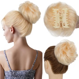 Hairro Messy Bun Hair Piece For Women Human Hair Bun With Claw Clip Tousled Updo Scrunchies Faux Hair Buns Extensions Wavy Curly Bun Hairpieces 42g #613 Light Blonde