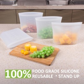 Annaklin Large Reusable Food Bags 4 Pack, 1.5 Quart(50.7fl.oz) 100% Silicone Storage Bags Stand Up Zip Silicone Food Container, Freezer Microwave Oven Dishwasher Safe, Translucent