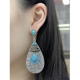 Boho Turquoise Big Teardrop Dangle Earrings for Women Silver Tone Bohemian Tribal Totem Blue Birthstone Statement Drop Dangling Stud Earring Vintage Indian Bollywood Holiday Birthday Jewelry Gifts