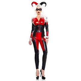 4 PC. Ladies Dark Harley Jester Jumpsuit Costume Set - Medium/Large - Black/Red