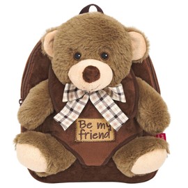 PERLETTI Cuddly Toy Brown Bear Backpack for Children with Plush Toy Bear - Plush Bear Soft Fluffy and Nursery School Bag - 3 4 5 Years Baby Children's Bag 27 x 21 x 9 cm (Brown Bear with Bow)