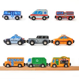 9 Piece Wooden Cars with Magnets - City Vehicles, Emergency Trucks, School Bus, Police, Fire, Ambulance, Taco Truck Toy - Community Helpers Play Set - Zany Trains