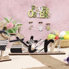 com-four Set of 2 Wooden Easter Decorations, Stand with Lettering and Easter Bunny, Wooden Decoration for Easter to Stand Up (2 Pieces, Light Brown)