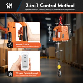 CUBELLIN 2-in-1 Electric Hoist 1100LBS Electric Winch 110V with Wireless Remote Control 25Ft Max Lifting Height Manual & Remote Control Electric Hoist Winch Crane