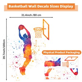 SITAKEGS Basketball Sticker, 80 x 100 cm Basketball Inspirational Wall Decals Slam Dunk Sports Wall Sticker, Basketball Player Art Decal Wallpaper for Sports Fans Bedroom Dormitory