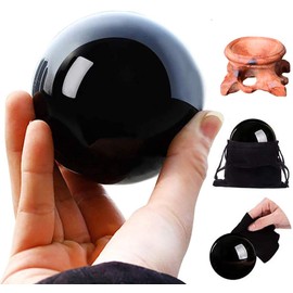 HOMELEX Black Magic Obsidian Crystal Ball with Wooden Stand for Meditation, Crystal Healing, Divination Sphere, Home Decoration (BlackBall2-80mm, Black)