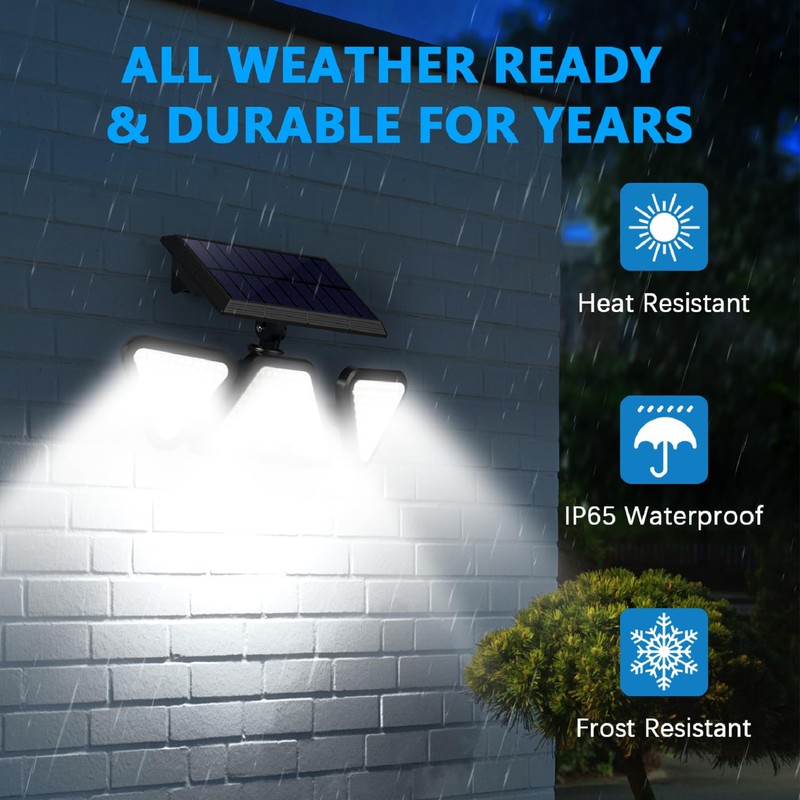ZOOKKI Solar Outdoor Lights, 3 Heads Motion Sensor Outdoor Lights,