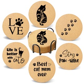Cegkuc drinkcoaster0402 with Holder 6Pack, House Warming Gifts for New Home Couples Absorbent Cork Wood Cute Cat Paw Coaster Bulk for Cup Desk Coffee Table Office Kitchen Decor, Round 4"
