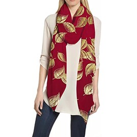 Lina & Lily Leaf Metallic Foil Women's Scarf Shawl Lightweight (Red-Gold)