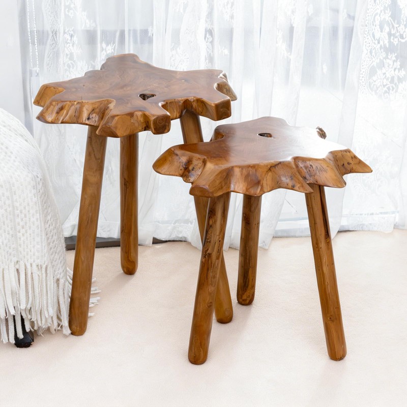 JOLLYMER Natural Teak Wood Live Edge Side Table with Wood
