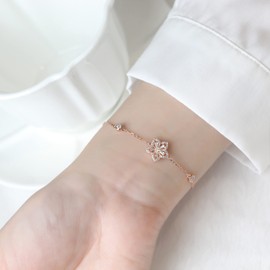 Dainty Flower Bracelet, Elegant Floral Cherry Blossom Bracelet, S925 Sterling Silver, Gold & Rose Gold, Cute Minimalist Friendship Bracelet