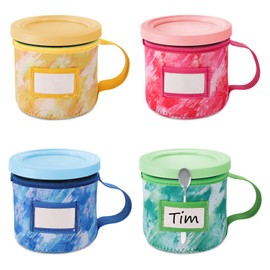 4pcs Dye Prints Ice Cream Neoprene Sleeves, with Handle Spoon Holder and Name Plate Slot Reusable Washable Insulated Sleeve Cover for Ninja Creami Pints Container Accessories (16oz, 4 Styles)