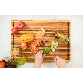 BEEFURNI Rectangular Real Teak Wood Durable Hard Wooden Cutting Chopping Juice Groove Board Kitchen Accessories Cheese Charcuterie Dinner Serving Tray Cold Cut Platter Butcher Thick Block, Large