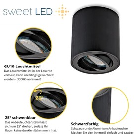 Sweet-LED Surface Light Round Square Includes GU10 5W 450 Lumen 3000K 230V Surface-Mounted Ceiling Light Aluminium Brushed Pivoting Ceiling Lamp