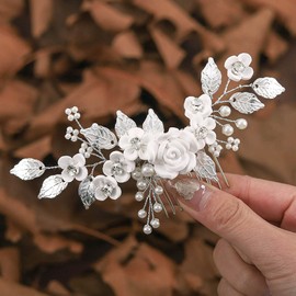 Edary Bridal Flower Wedding Hair Comb Silver Pearl Headpiece Leaf Wedding Side Comb Bridal Hair Accessories for Women and Girls