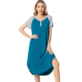 NACHILA Nightgowns for Women-Viscose Made from Bamboo, Button Down Nightshirt Short Sleeve Sleepwear Cool Sleepdress Turquoise M