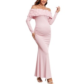 AISWI 3D Floral Off The Shoulder Maternity Dress Long Sleeve Ribbed Mermaid Maxi Bodycon Pregnancy Dresses Baby Shower, Light Pink, Large