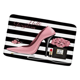Black White Stripe Bath Mats Flower Butterfly Fashion Girl Perfume Bottle Pink High Heel Rose Floral Hello Gorgeous Valentine's Day Lover Theme Bathroom Rugs Kitchen Toilet Floor Carpet 17.8x29.5 in