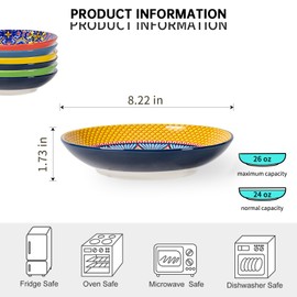 HENXFEN LEAD Porcelain Pasta Bowls 26 Oz, Serving Plates for Soup, Salad, Dessert - Wide Shallow Bowls Set of 6, Microwave & Dishwasher Safe - Bohemian Style