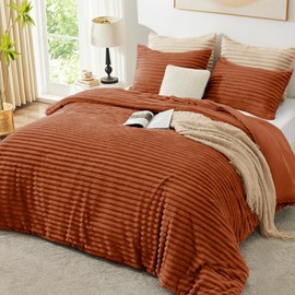 EXQ Home Fluffy Comforter Set Terracotta Queen Size Soft Faux Fur Stripe Jacquard Comforter 3 Pieces Fleece Bedding Set,Winter Warm Bed Set,1 Comforter with 2 Pillowcases