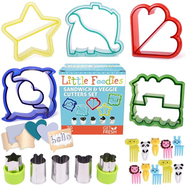 GET FRESH Sandwich Cutters for Kids – [20-pcs] Set with 5 Sandwich Shapes/Cookie Cutters/Bread Cutters – Comes with 5 Vegetable Cutters and Bonus 10 Bento Decorations