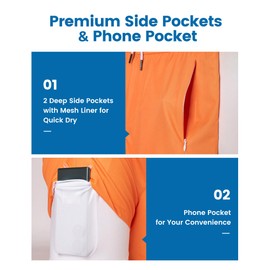 maamgic 5inch Mens Swimming Trunks with Compression Liner 2-in-1 Swim Trunks Stretch Quick Dry Swim Shorts with Zipper Pockets Tangerine and White Medium