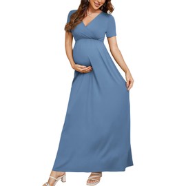 Xpenyo Maternity Dresses Women's Summer Casual Short Sleeve V Neck Wrap Long Maxi Dress Pregnancy Clothes for Baby Shower, Photoshoot, Party, Daily, Nursing, Indigo M