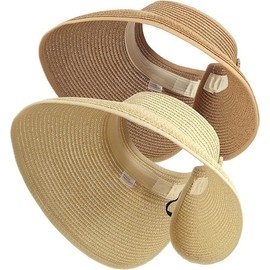 Palhyte 2Pcs Summer Straw Hat Foldable Visor Hats,Sun Visors for Women Wide Brim Straw Ponytail Beach Hat