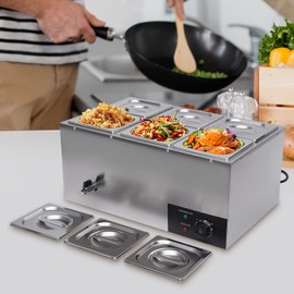 6-Pan Commercial Electric Food Warmer, 600W Stainless Steel Bain Marie Buffet Food Warmer with Lids Steam Table Stainless Steel Container Temperature Control for Catering and Restaurants