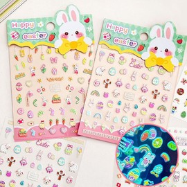 ASDIIT 2 Sheets Easter Nail Stickers Glow in The Dark 5D Nail Decals Art Spring Summer Cartoon Bunny Nail Stickers Decor DIY Nails Supplies