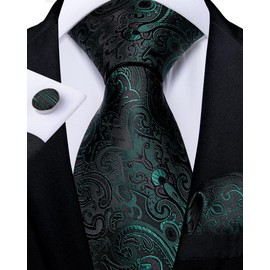 DiBanGu Paisley Mens Tie Set Black Green Tie Silk Woven Jacquard Necktie and Pocket Square Cufflinks Set Formal Bussiness