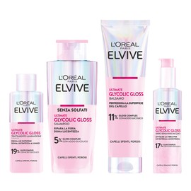 L'Oréal Paris Elvive Glycolic Gloss Kit 4 Prodotti per Capelli Spenti, Porosi e Opachi, con Acido Glicolico. Shampoo Senza Solfati, Balsamo, Trattamento Laminazione e Siero Senza Risciacquo