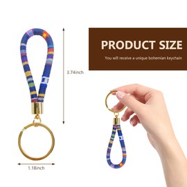 MUQIDA Bohemian Keychain, Handmade Boho Wristlet with Keyring, Hippie Woven Wrist Lanyard Cute Key Fob Holder for Women (Dark Blue)