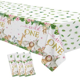 FVABO Wild One Birthday Decorations Girl Tablecloth, 3pcs Disposable Zoo Animal Jungle Safari First Birthday Party Supplies Tablecover, 86in x 55in