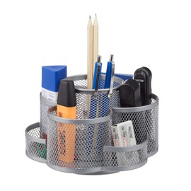 Relaxdays Pencil Holder, Metal Mesh, 7 Compartments, Rotatable, Round Desk Organizer, 11 x 17.5 x 16.5 cm