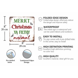 Funny Home Christmas Decorations Merry Christmas Ya Filthy Animal Metal Tin Sign for Farmhouse Christmas Home Cafe Farm Tiered Tray Decor Holiday Wall Decor 8x8 Inch