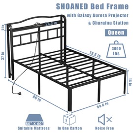 SHOANED Queen Size Metal Bed Frame - 14 Inch Heavy Duty Bedframe with Headboard & Charging Station Basic Steel Slats Platform with Galaxy Aurora Projector No Box Spring Needed, No Noise