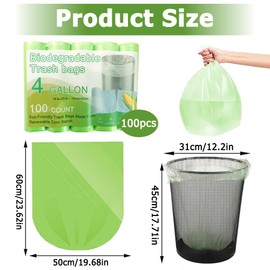 Food Waste Bags, Compostable Biodegradable Food Waste Bags, Biodegradable Trash Bags for Kitchen, Bathroom, Toilet, Size 50 x 60 cm, Green, Pack of 100