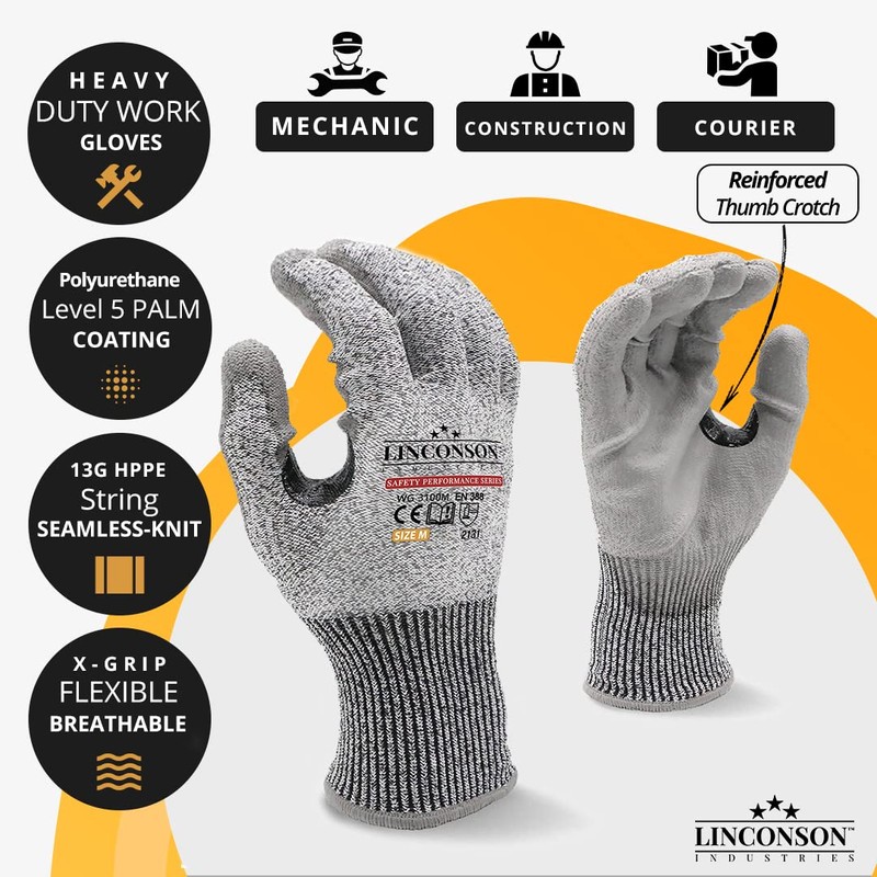 LINCONSON 3 Pack Level 5 Cut Resistant Safety Performance Series